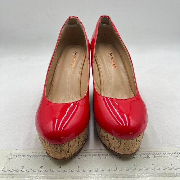XYD Red Round Toe Wood Platform Pumps Slip On Patent Wedge Cork High Heel Shoes - Picture 3 of 8